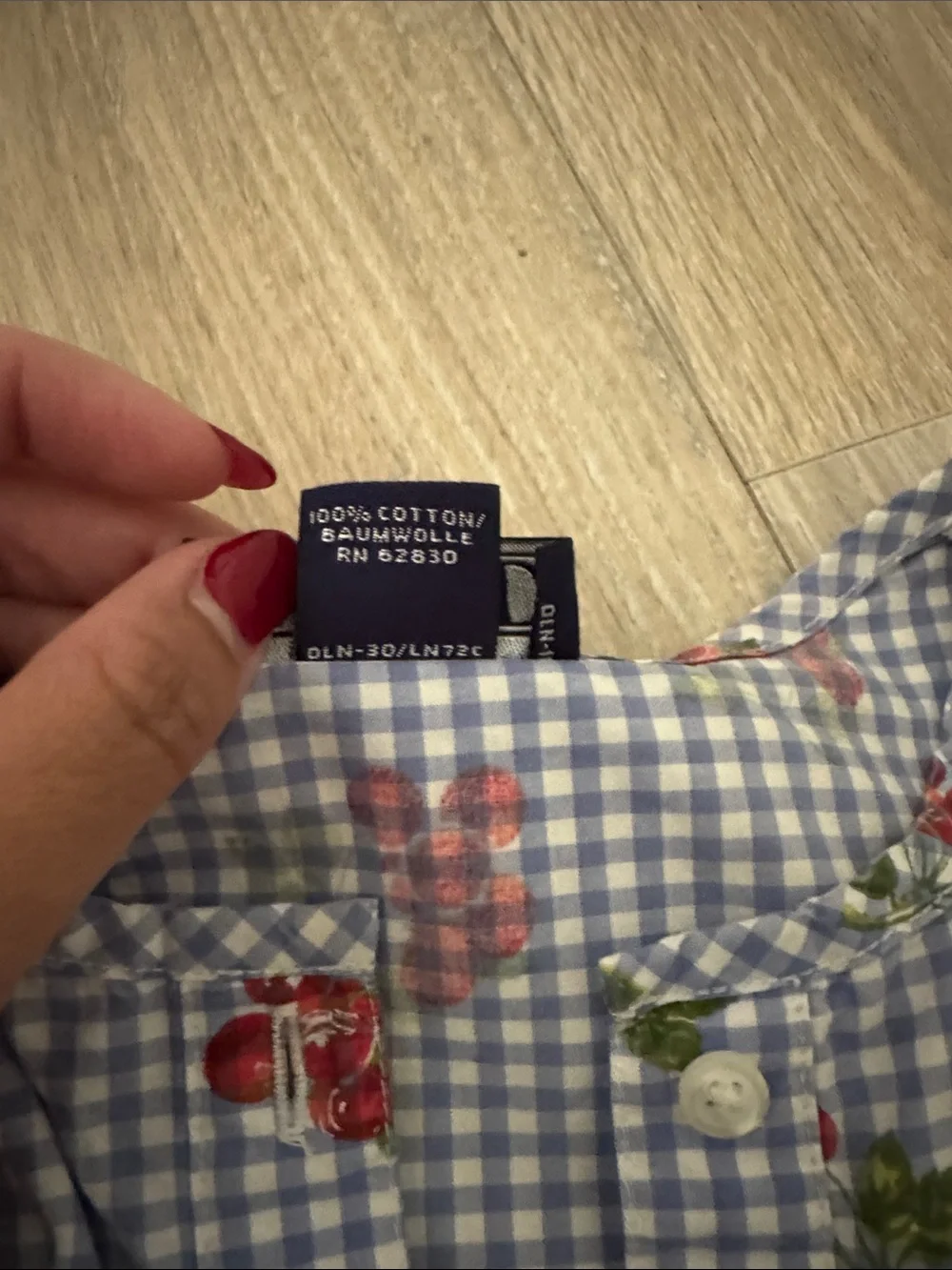 Lands' End Blue Gingham Dress with Red Cherry Print 100% cotton